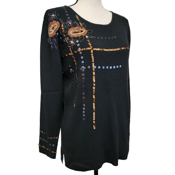 Kikit Sweaters - VTG 90s Kikit Sweater Womens M Black Brown Gold Floral Sequin Beaded Embroidered